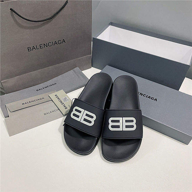 BALENCIAGA Black Logo Pool Slides - 1