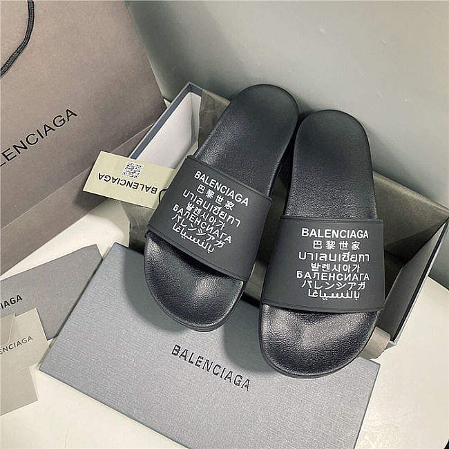 BALENCIAGA Black Word Pool Slides - 1