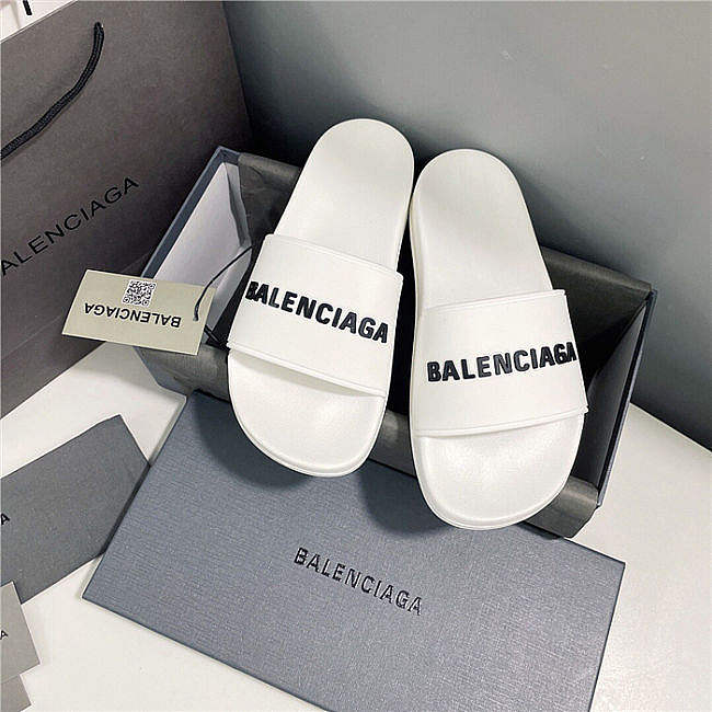 BALENCIAGA Full White Logo Pool Slides - 1