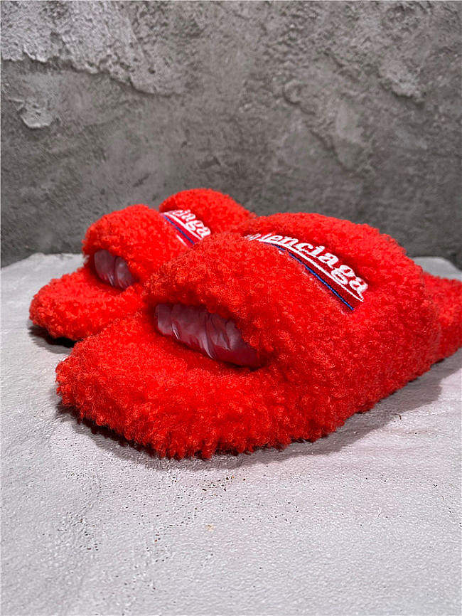 Balenciaga Women's Furry Faux Shearling Slides Red - 1